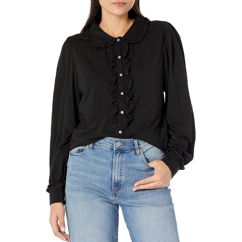 $185 New Goldie Tees Pima Cotton Ruffle Tuxedo Blouse - Small